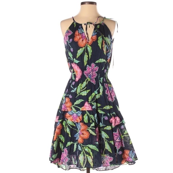 Taylor NWT Navy Floral Print Keyhole Front Tiered Spring Summer Dress Size 2 - Picture 4 of 15